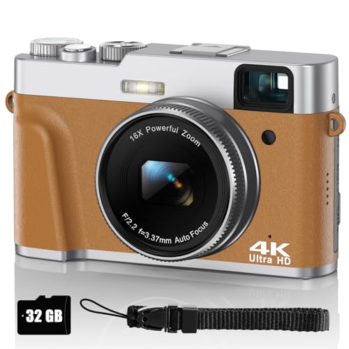 Digitalkamera 4K 48MP Fotoapparat Autofokus mit 32G SD-Karte, Kompaktkamera Fotokamera mit Optischer Sucher 16X Zoom 2 Akkus Einfach zu Bedienen, Geeignet für Anfänger, Erwachsene, Jugendliche(Braun)