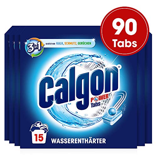 Calgon 3-in-1 Power Tabs – Wasserenthärter gegen Kalkablagerungen und Schmutz in der Waschmaschine – Beugt unangenehmen Gerüchen vor – 6 x 15 Tabs