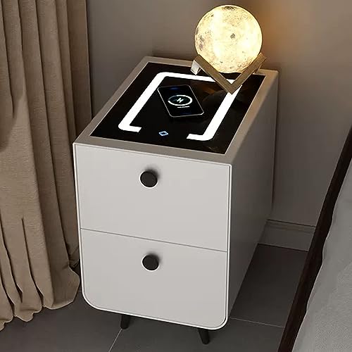 KiLoom Weißer Nachttisch mit Ladestation und verstellbaren LED-Leuchten, intelligenter Nachttisch mit 2 Schubladen, moderner Beistelltisch für Schlafzimmer ()