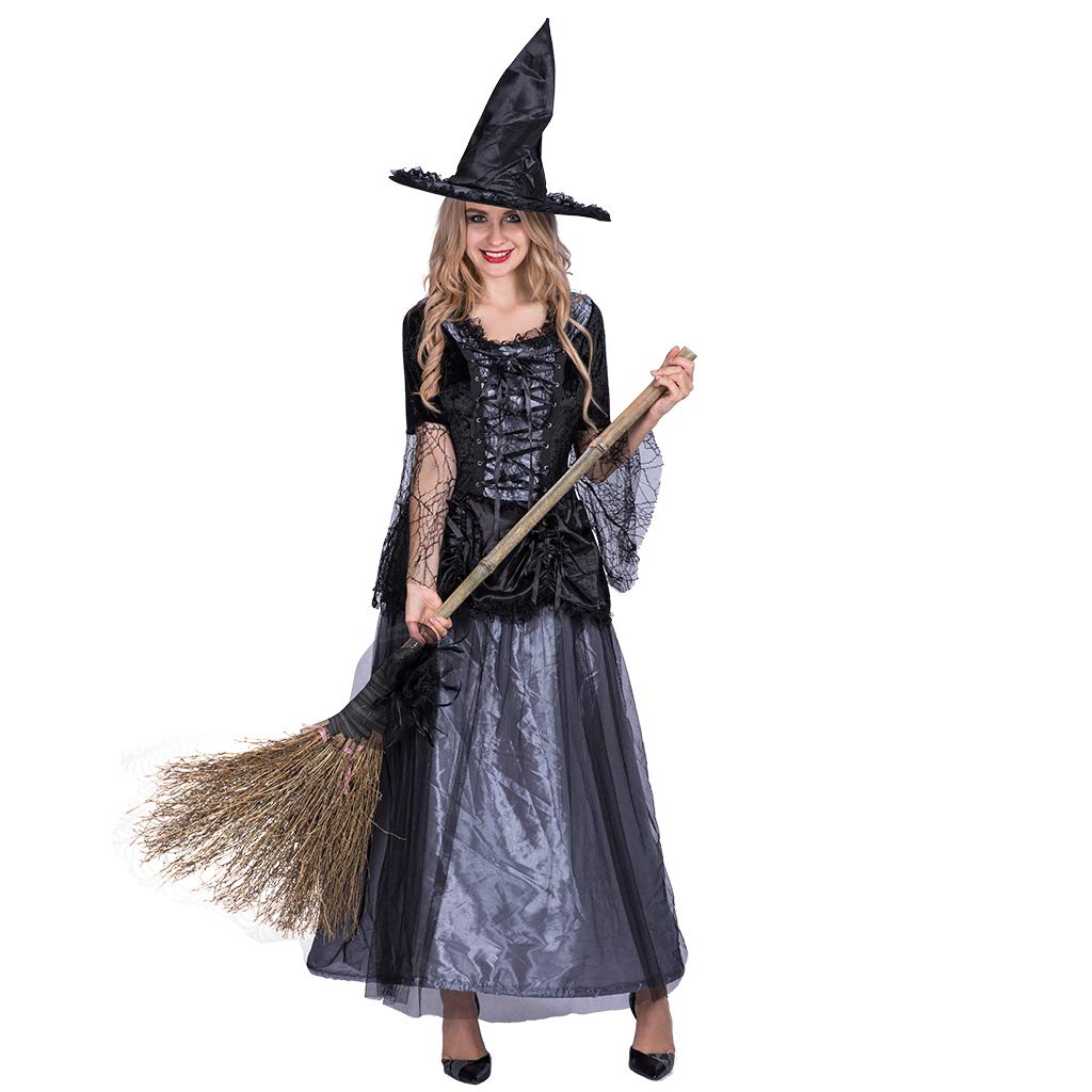 EraSpooky Damen Hexenkostüm Zauberin Hexe Kostüm Faschingskostüme Cosplay Halloween Party Karneval Fastnacht Kleid für Erwachsene,S