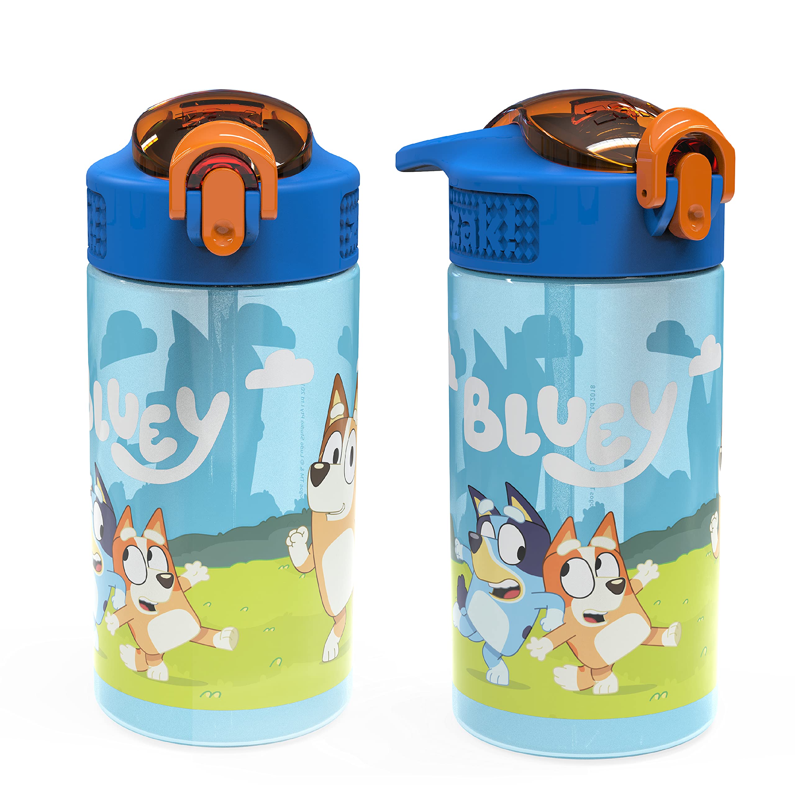 Zak Designs Bluey Kids Auslaufabdeckung aus langlebigem Kunststoff und integrierter Trageschlaufe, auslaufsicheres Wasserdesign für Reisen, 473 ml, 2-teiliges Set, Bluey Bottle 2 Stück