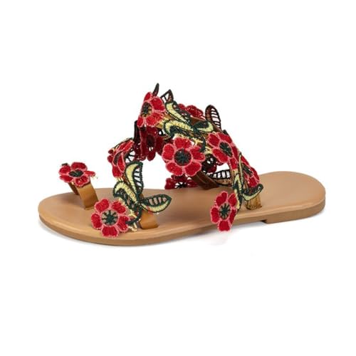 NEOFEN Sandalen für Damen, elegant, flach: Bohemian-Sommerschuhe, bequeme Gladiator-Casual-Walking-Strand-Sandale (Color : Red, Size : 39 EU)