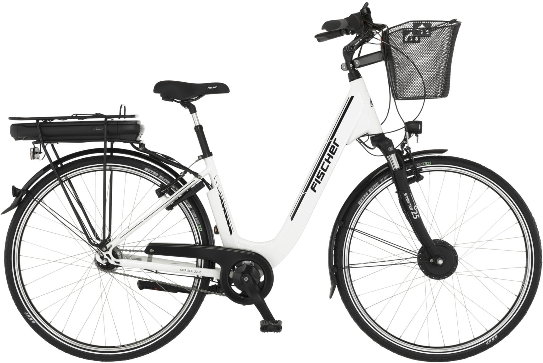 FISCHER Fahrrad E-Bike "CITA ECU 2200 522", Frontmotor 250 W, (mit Akku-Ladegerät-mit Beleuchtungsset-mit Fahrradschloss)