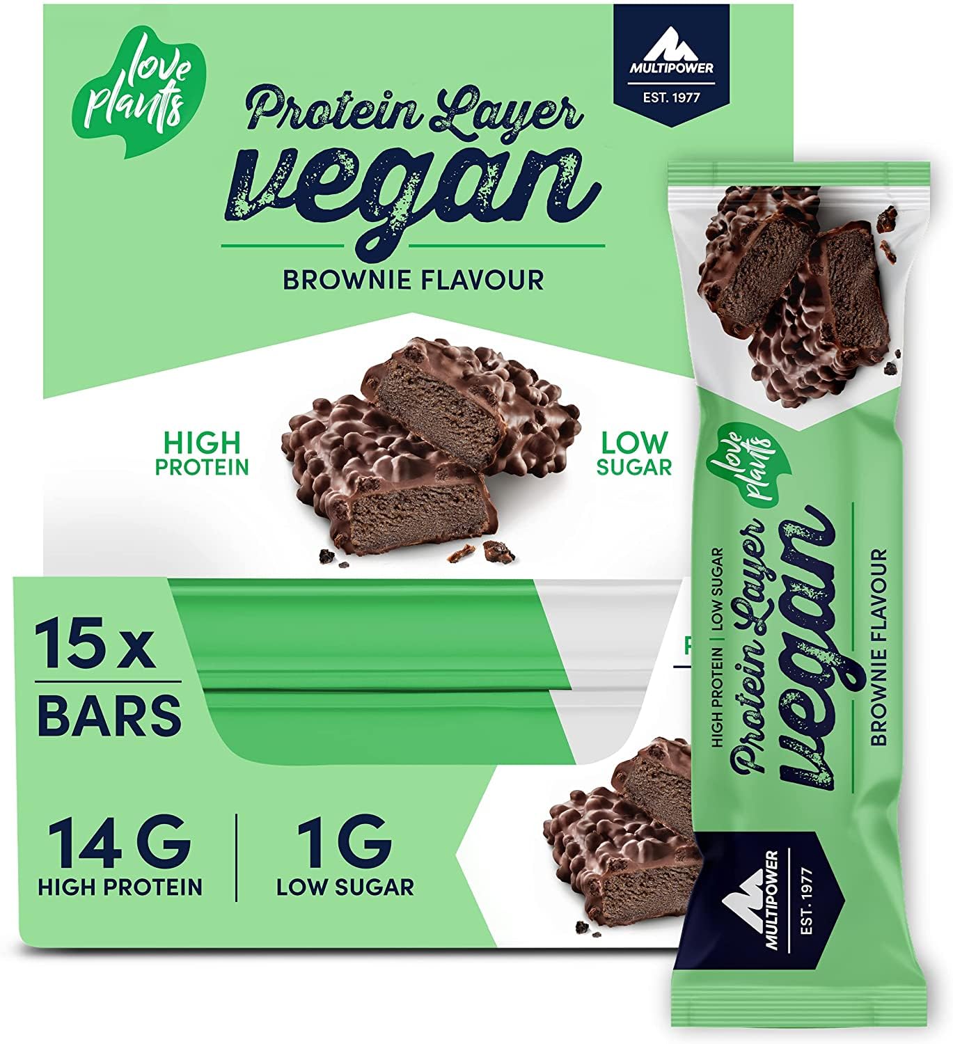 Multipower Vegan Protein Layer Brownie Bar Energieriegel mit 24 % Protein – Fitnessriegel 15 x 55 g – veganer Proteinriegel – kalorienarmer Eiweißriegel mit Brownie Geschmack