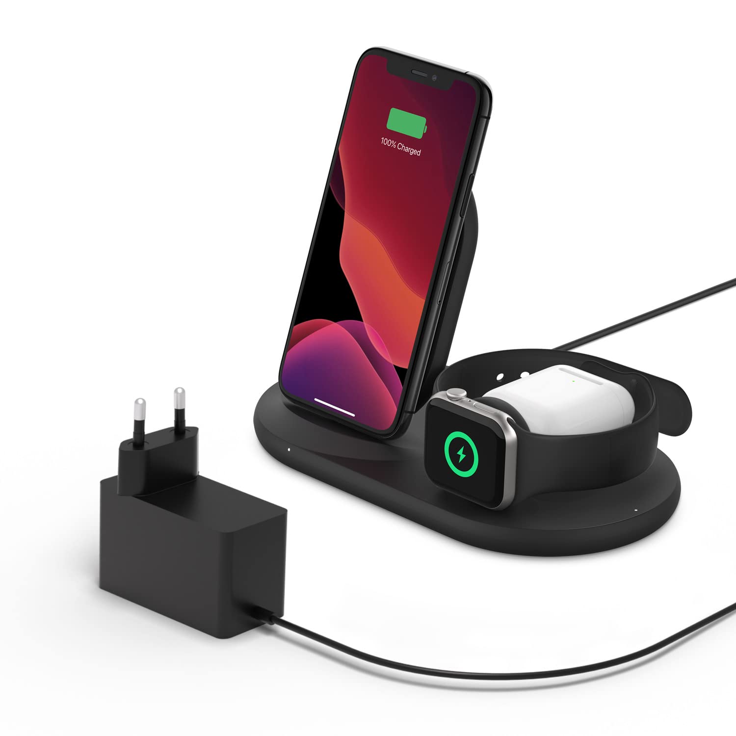 Belkin drahtloses 3-in-1 Ladegerät ( 7,5-W- für , und AirPods) kabelloses Ladedock, drahtlose iPhone Ladestation, Apple Watch Ladeständer – Schwarz