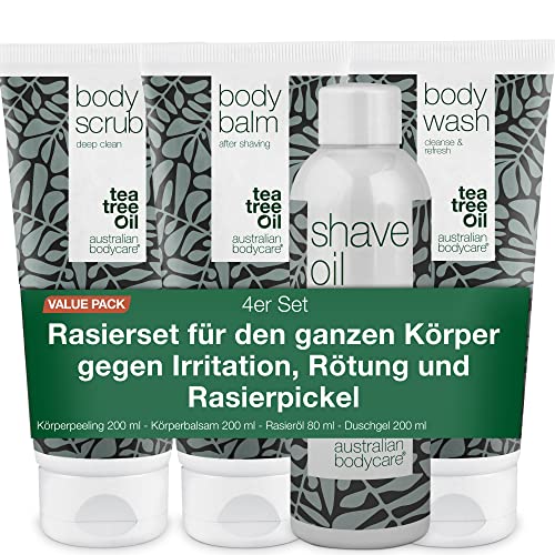 Rasur-Set für den ganzen Körper - Set mit Körperwaschgel, Peeling, Balsam und Rasieröl - Lösung für eine komfortable Rasur - Angereichert mit beruhigendem Teebaumöl - Perfekt für empfindliche Haut