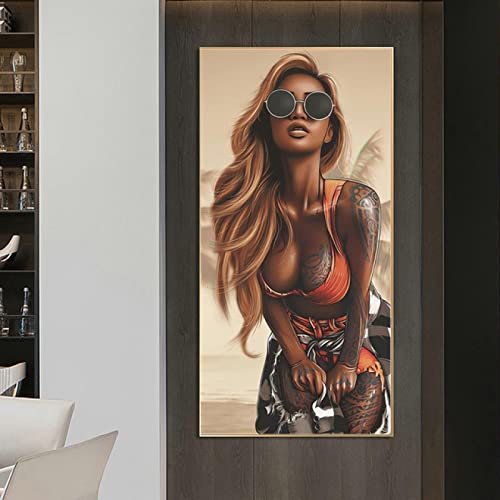 HONGC Modernes Poster Sexy Tattooed Dark Skin Woman Leinwandmalerei Wandkunst Bilder Druck Für Wohnzimmer Dekorative Wohnkultur 40x80cm Mit Rahmen