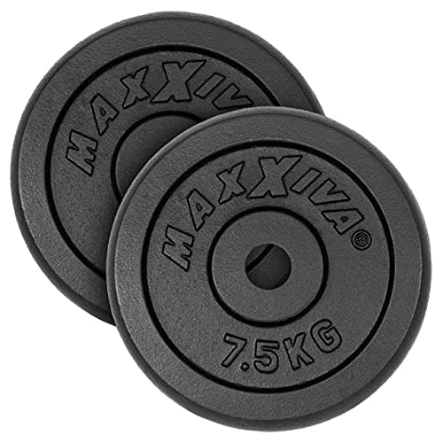 MAXXIVA Hantelscheiben 2er Set Gewichtsplatte je 7,5 kg Gusseisen schwarz 15 kg Fitness Krafttraining Bodybuilding Workout Gewichtheben Reha