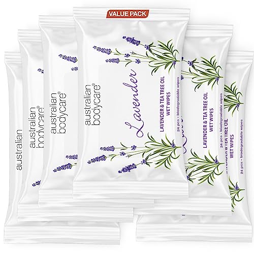 Lavendel & Teebaumöl Feuchttücher – 144 Tücher (6 Packungen) | Reinigungstücher gegen Schweiß, Schmutz & Make-up | Feuchtigkeitsspendend & Kühlend | Hygiene für unterwegs | Biologisch abbaubar