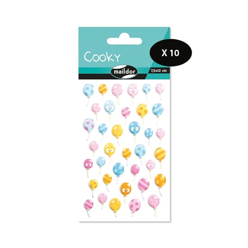 Maildor CY116Cpack – ein Beutel mit 3D-Aufklebern Cooky, 1 Bogen 7,5 x 12 cm, Luftballon (37 Aufkleber), 10 Stück