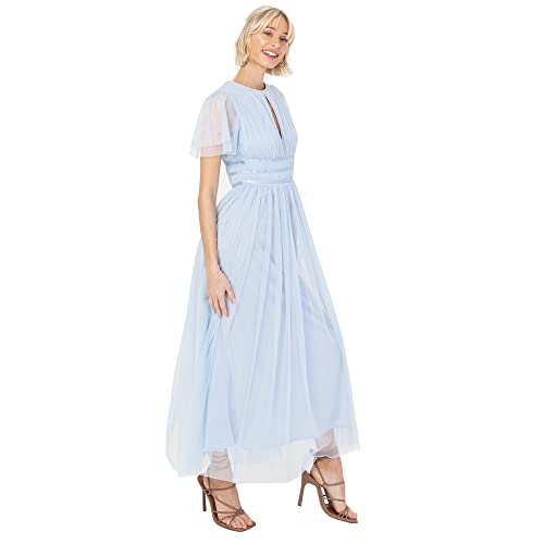 Anaya with Love Damen Ladies Midaxi Dress for Women High Waist Keyhole Short Flutter Sleeve Crew Neckline for Wedding Guest Bridesmaids Prom Kleid, Light Blue,