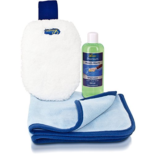 Petzoldts Premium Wasch-Wachs Set, Microfaser Waschhandschuh, Microfaser-Trockentuch und Wasch-Wachs Shampoo