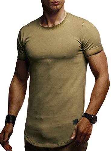 Leif Nelson Herren Sommer T-Shirt Rundhals-Ausschnitt Slim Fit Baumwolle-Anteil Moderner Männer T-Shirt Crew Neck Hoodie-Sweatshirt Kurzarm lang LN6368 Khaki XX-Large