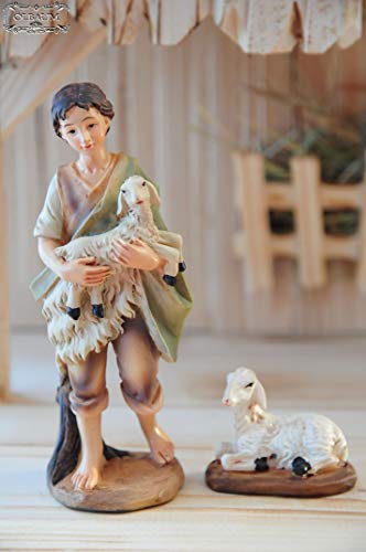 Oelbaum Weihnachtskrippe Krippenfiguren Hirte mit Schäfchen + 1 Schaf extra, für Krippenfiguren bis 13 cm, hochwertige Ausführung mit liebevoller Mimik, Krippenfigur,Krippenzubehör Tiere Krippendeko