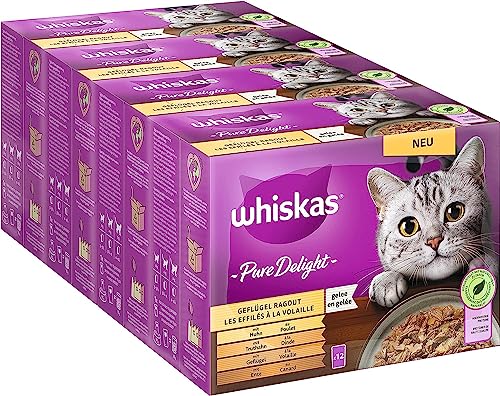 Whiskas 1+ Katzenfutter Pure Delight Geflügel Auswahl in Gelee, 4x12x85g (4 Packungen) – Hochwertiges Nassfutter für ausgewachsene Katzen in 48 Portionsbeuteln