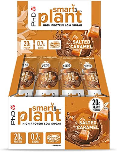 PhD Nutrition Smart Plant Bar, Veganer Protein-Riegel mit hohem Eiweißgehalt und wenig Zucker, gesalzenes Karamell , 20g pflanzliches Eiweiß, 64g Riegel (12er Packung)