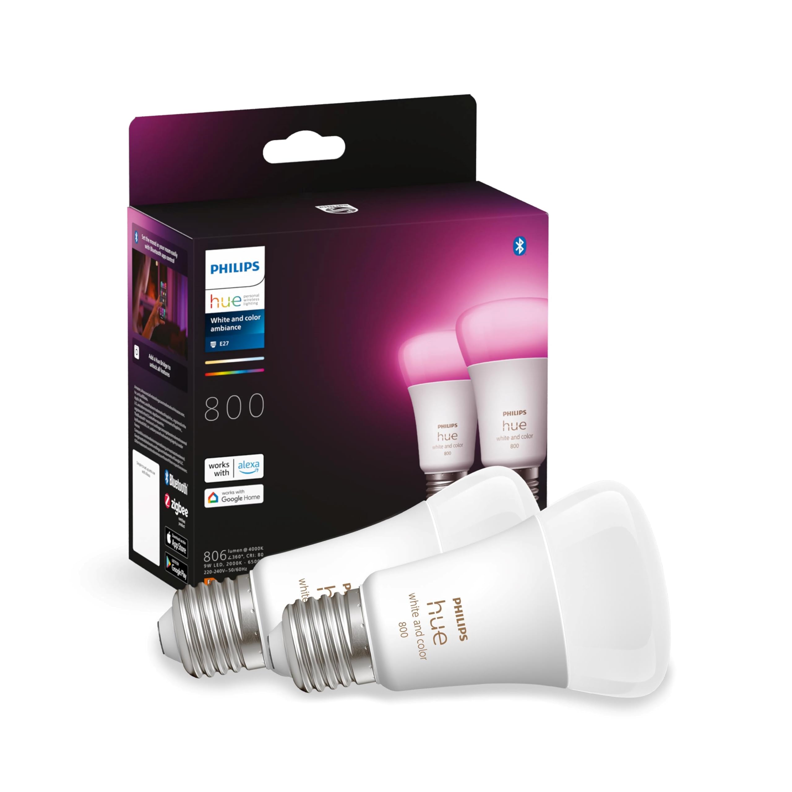Philips Hue White & Color Ambiance E27 LED Lampen 2-er Pack (806 lm), dimmbare LED Leuchtmittel für das Hue Lichtsystem mit 16 Mio. Farben, smarte Lichtsteuerung über Sprache und App
