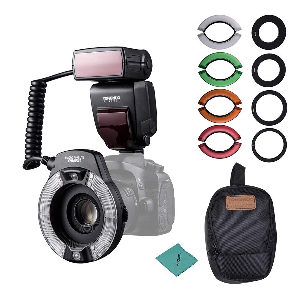 YONGNUO Professionelles YN14EX II-Makro-Ring-Blitzlicht-Kit mit großen LCD-Display-Adapterringen Farbtemperaturfilter Hot Shoe Mount Unterstützung M/TTL-Blitz für Canon DSLR-Kameras