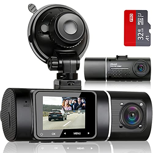 ABASK Dashcam Auto Dual 1080P Full HD Infrarot Nachtsicht Autokamera Vorne Innen mit 32GB SD-Karte, 310 ° Weitwinkel, G-Sensor, HDR, Loop-Aufnahm, Parküberwachung und Bewegungserkennung, Bis zu 64 GB