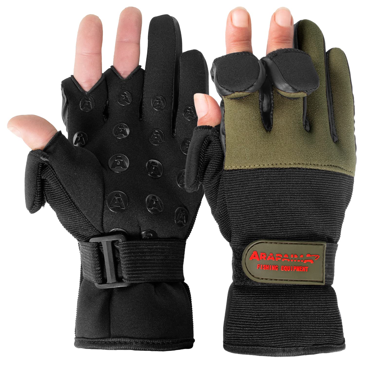 Arapaima Fishing Equipment® Neopren Angelhandschuhe 'Wizard' | Thermo Angel Handschuhe | Anglerhandschuhe | Fishing Gloves - Oliv/Schwarz - XL
