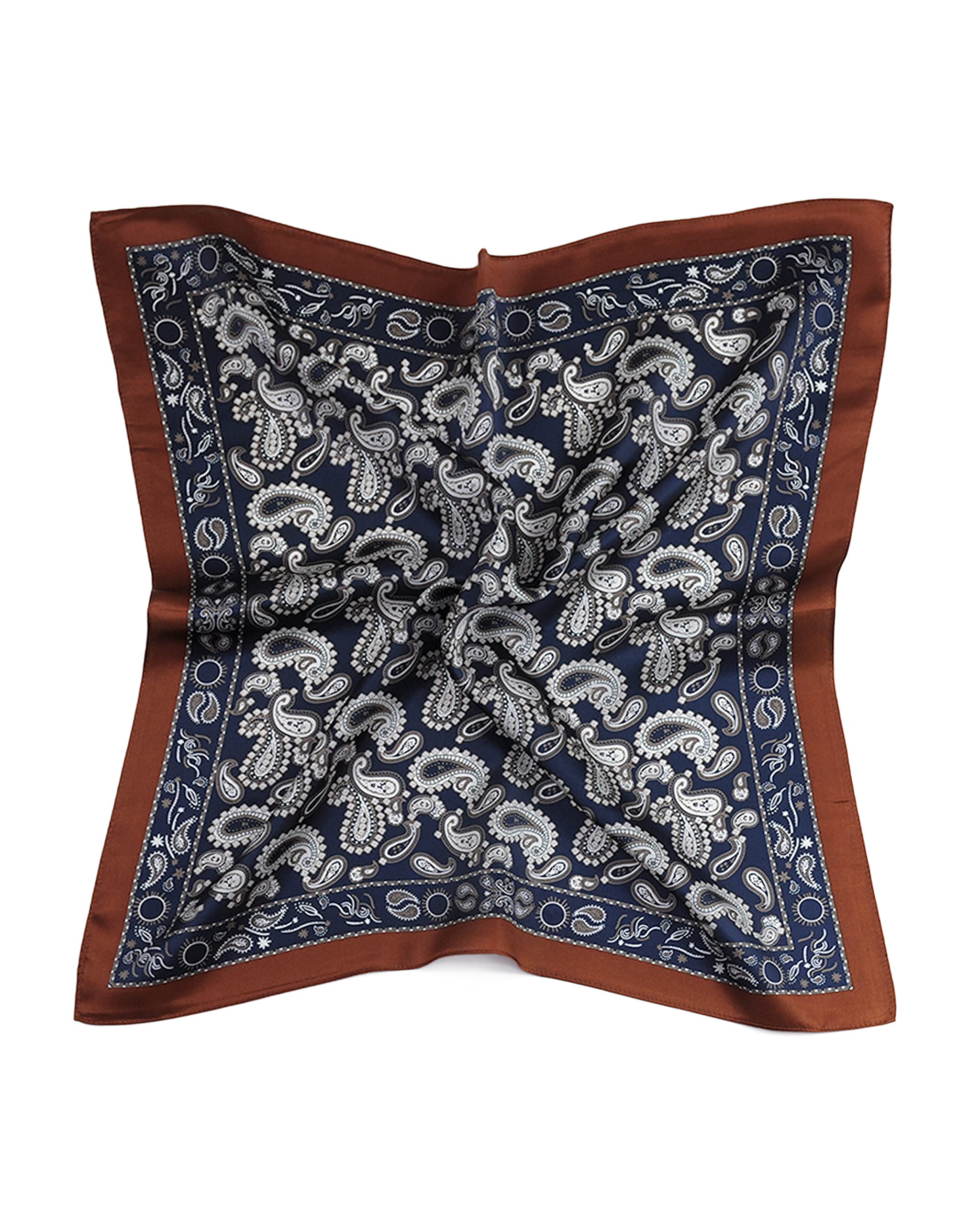 MayTree Seidentuch, buntes Halstuch für Damen aus 100% Maulbeer-Seide, quadratisch Paisley mit Rand 53x53 dunkelblau weiss