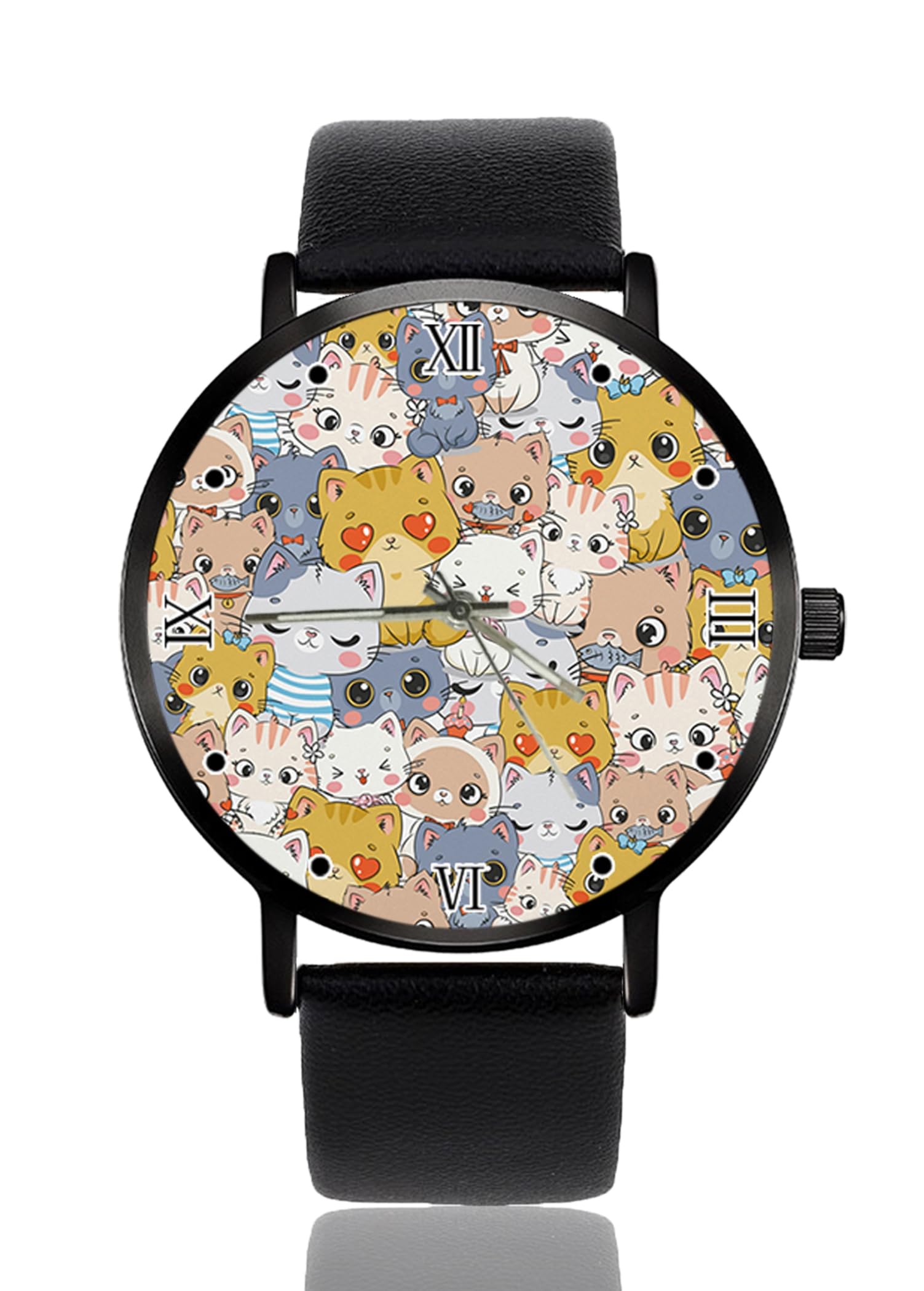 Uhr Personalisierte benutzerdefinierte Uhren Casual Schwarz Lederband Armbanduhren für Männer Frauen Unisex, Süße Kawaii-Katzen