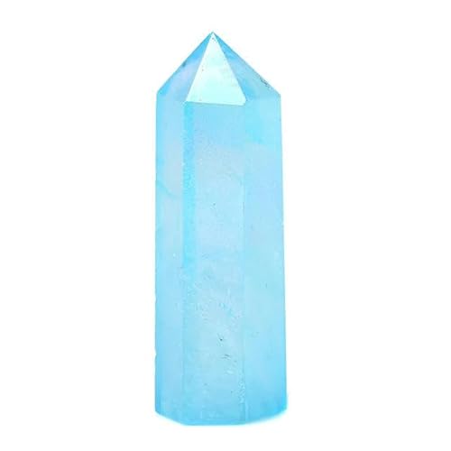 Natürlicher blauer Aura-Kristallspitze, galvanisierter Zauberstab, Stein, Quarz, Heimdekoration, Turm, Geschenke, blauer Aura-Quarz, 71–80 mm