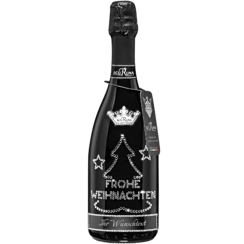 Geschenk Weihnachten personalisiert Prosecco Flasche 0,75 l mit Strass verziert Motiv: FROHE WEIHNACHTEN BAUM