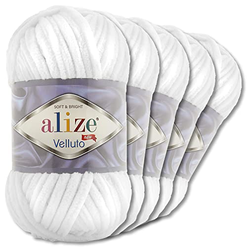 Wohnkult Alize 5x100 g Velluto Premium Wolle 30 Auswahl Chenillegarn Samtwolle Amigurumi Decken Accessore Kleidung DIY (55 | Weiß)