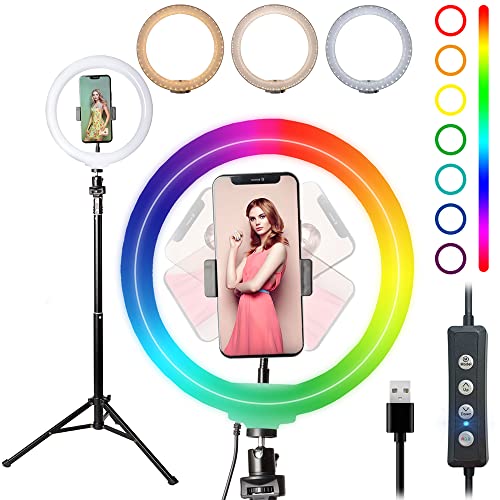 Starbea 25,4 cm Selfie-Ringlicht mit Stativständer und Handyhalterung, Fotobeleuchtung, LED-Kreis-Ringlicht, RGB-Kamera-Licht für Make-up, YouTube, Tiktok (RGB)