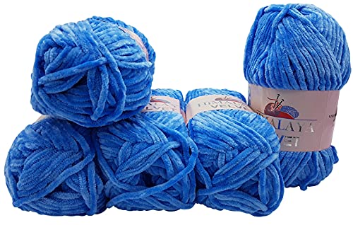 5 x 100 Gramm Himalaya Velvet Micro-Polyester Strickwolle , Babywolle samtig 500 Gramm Wolle (blau 90027)