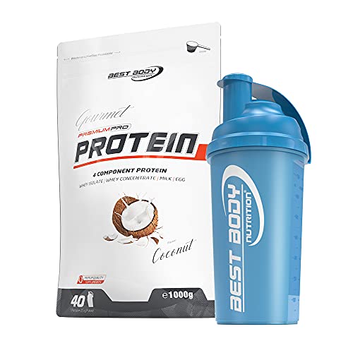 1kg Best Body Nutrition Gourmet 4 Komponenten Protein Eiweißshake - Set inkl. Protein Shaker / Gratiszugabe (Coconut, Best Body Shaker - Blau)