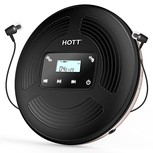 HOTT CD903TF Wiederaufladbarer tragbarer Bluetooth-CD-Player mit FM-Sender für Reisen, Zuhause und Auto, mit Stereokopfhörern, Anti-Shock Funktion, schwarz