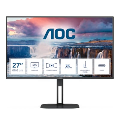 AOC Q27V5C - 27 Zoll QHD Monitor, Lautsprecher, höhenverstellbar (2560x1440, 75 Hz, HDMI, DisplayPort, USB-C, USB Hub) schwarz