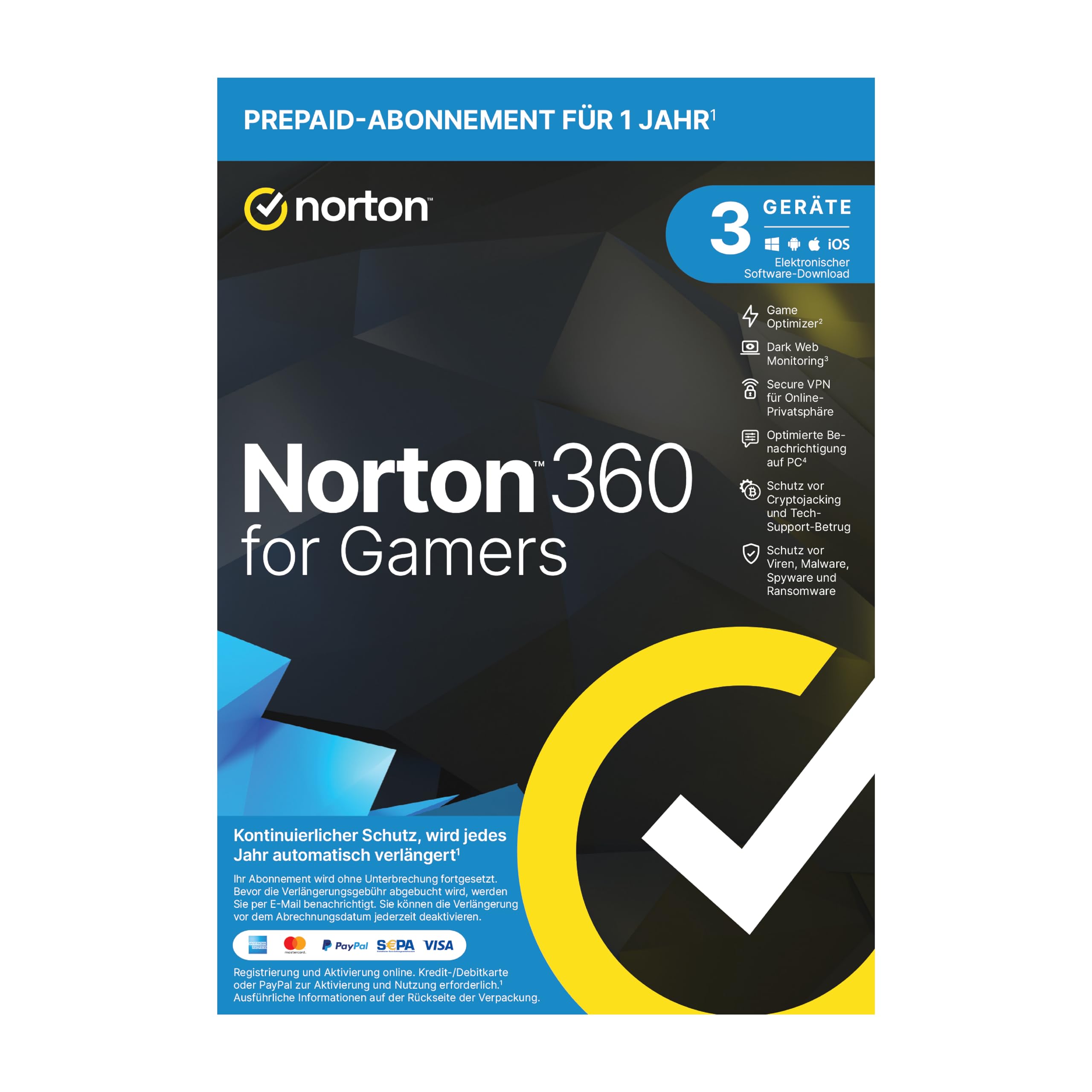 Norton 360 for Gamers 2021, Cybersicherheit für PC-Gamer, Abonnement mit automatischer Verlängerung | 3 Geräte | 1 Jahr | PC/Mac/Android | Download | Aktivierungscode in Originalverpackung