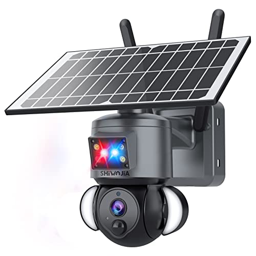 SHIWOJIA Solarkamera für den Außenbereich, WLAN, kabellos, 2 K, 4 MP, Smart Kamera, PTZ, 360 °, mit Akku 12000 mAh, PIR-Erkennung, Alarm mit rotem und blauem Licht, Speicherung SD & Cloud