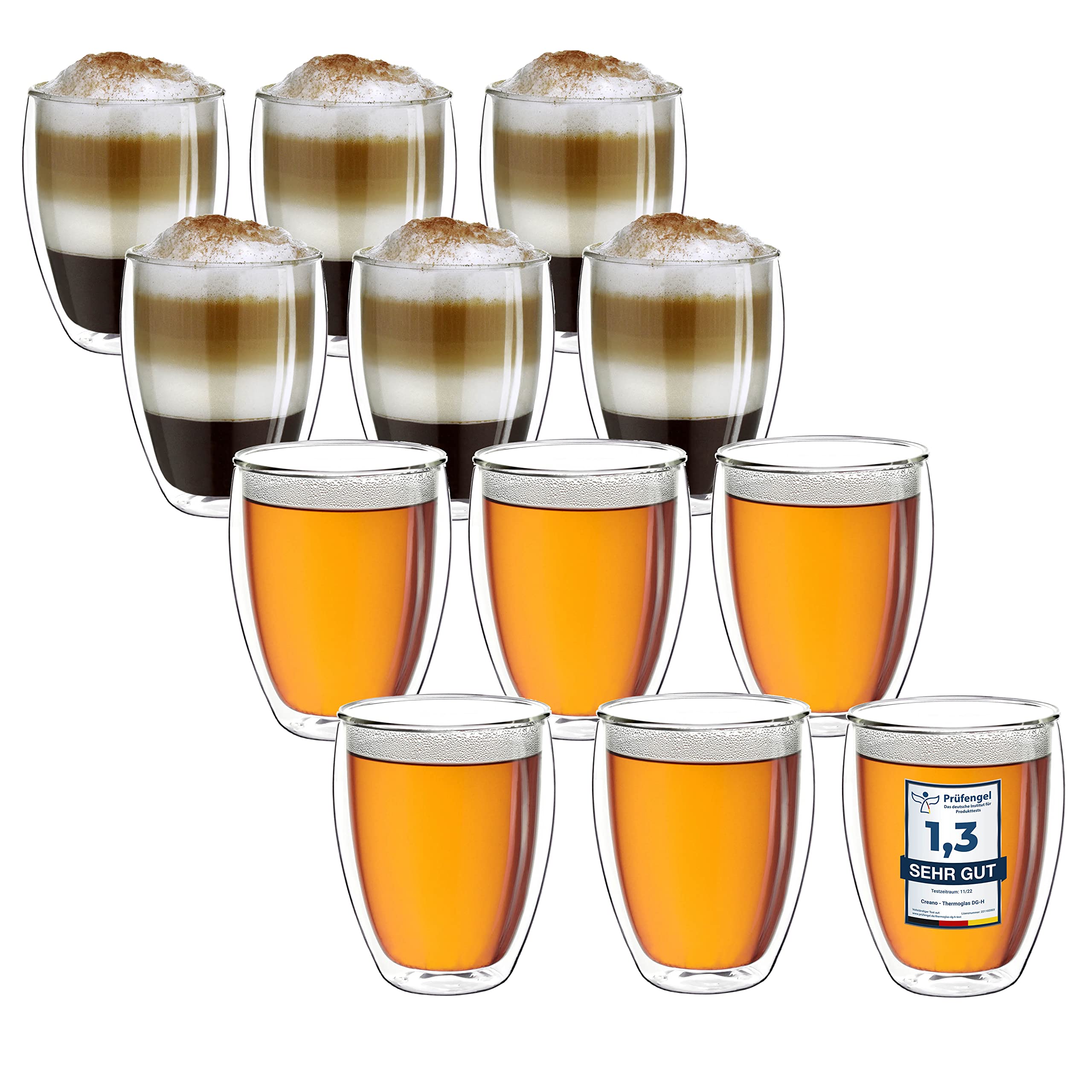 Creano Thermogläser doppelwandig 250ml „DG-Hoch“, 12er Set, große doppelwandige Gläser aus Borosilikatglas, Kaffeegläser, Teegläser, Latte Macchiato Gläser