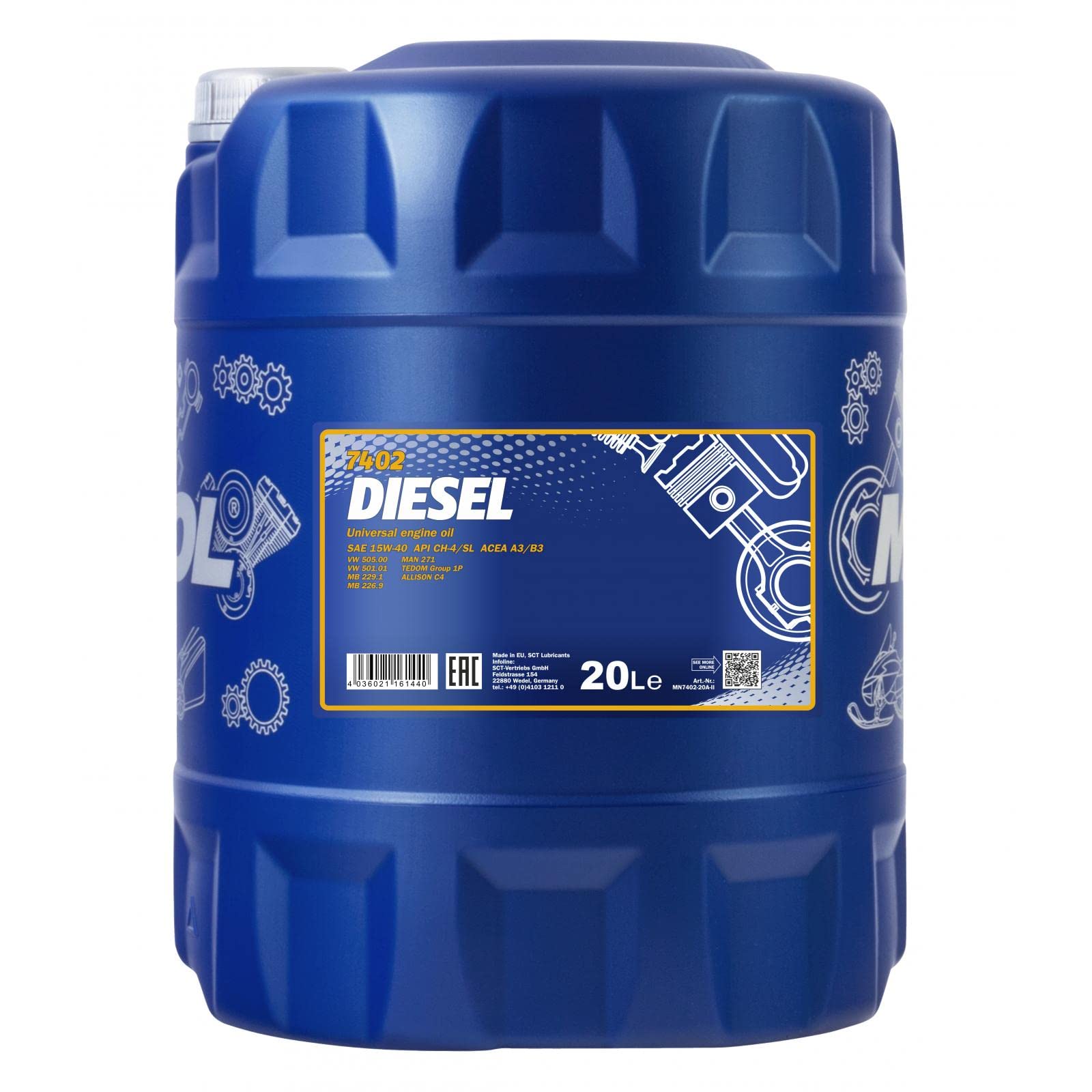MANNOL Diesel 15W-40 API CG-4/CF-4/CF/SL Motorenöl, 20 Liter