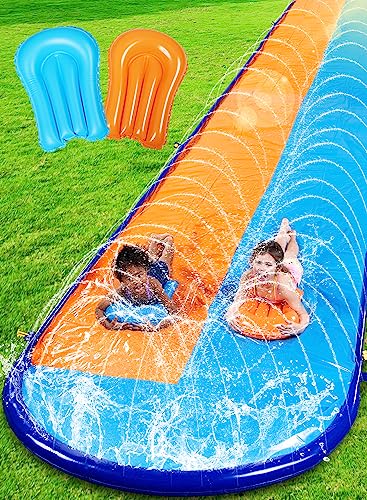 Sloosh 6,9 m Doppelrutsch-Rutschen, robuste Rasen-Wasserrutsche für Kinder und Erwachsene mit Sprinkler und 2 aufblasbaren Wasserrutschen Garten Hof Rasen, Outdoor, Sommer Wasserspaß