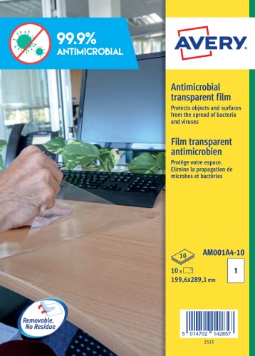 AVERY AM001A4-10 Antimikrobielle Folie – selbstklebende transparente Folie, 1 Etikett pro A4-Blatt, 10 Blatt pro Packung