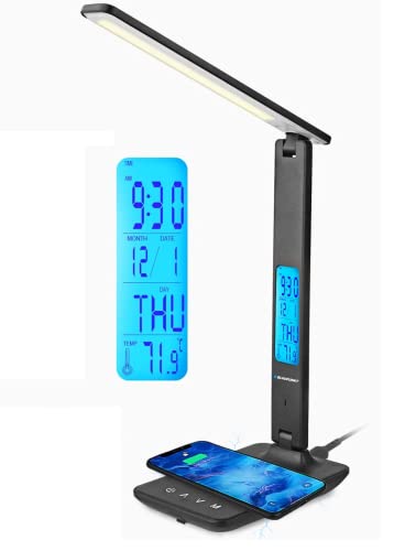 Blaupunkt LED-Schreibtischlampe mit kabellosem Ladegerät - USB-Ladeanschluss - Dimmbare Tischlampe 5 Farbmodi - Verstellbarer Arm - Büro - Leselicht - LCD-Anzeige Uhr Kalender Thermometer - Schwarz