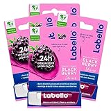 Labello Blackberry Shine Lippenbalsam, farbig, mit dem Duft von Brombeeren Lippenbalsam, feuchtigkeitsspendend, 24 Stunden, mit natürlichen Inhaltsstoffen und Sheabutter – 4 Stäbchen