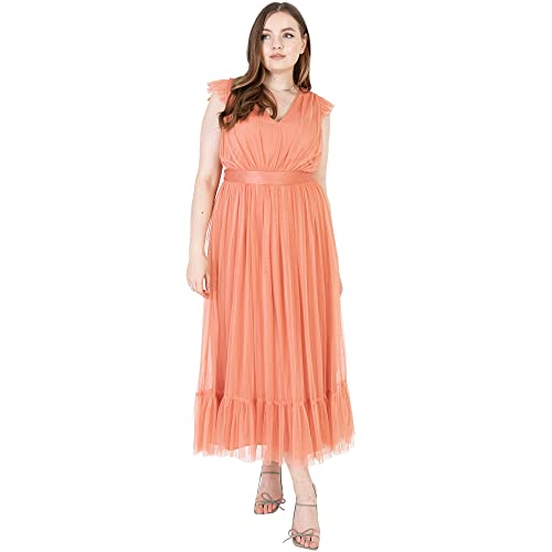 Anaya with Love Damen Ladies Maxi Dress for Women V Neckline Sleeveless Frilly for Wedding Guest Bridesmaid Prom Long High Empire Waist Tiered Kleid, Coral Pink,