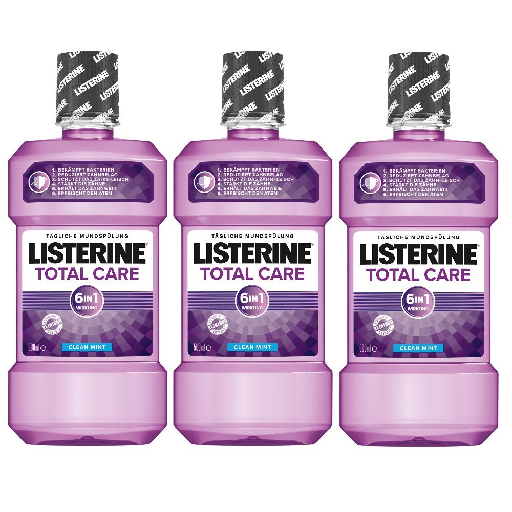 Listerine Total Care Mundspülung, 6in1 Mundwasser, antibakteriell und mit Fluorid gegen Karies (3 x 500 ml) Minze
