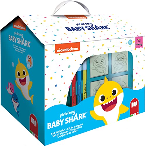 Multiprint Hütte 7 Stempel für Kinder Baby Shark, 100% Made in Italy, Benutzerdefinierte Stempelset Kinder, in Holz und Naturkautschuk, Ungiftige Waschbare Tinte, Geschenkidee, Art.09995