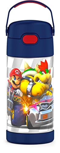 FUNTAINER 340 ml Edelstahl vakuumisolierte Kinder-Trinkhalmflasche, Super Mario Brothers (beste Version)