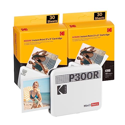 KODAK Mini 3 Retro 4PASS Mobiler Fotodrucker (7,6x7,6cm) - Paket mit 68 Blatt, Weiß