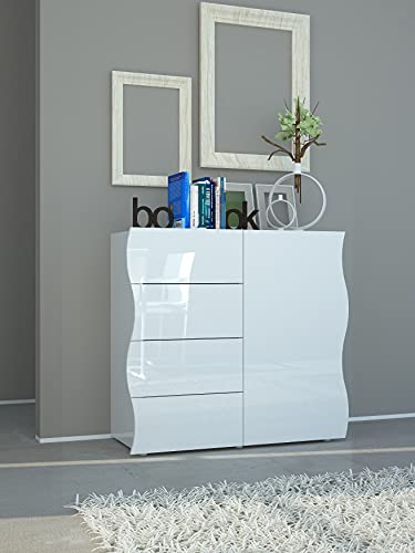 Dmora Modernes Sideboard, Design-Sideboard, mit 1 Tür und 4 Schubladen, Made in Italy, TV-Ständer, Wohnzimmerbuffet, cm 90x40h81, glänzend weiße Farbe