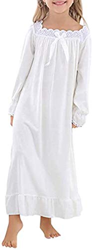 Mädchen Baumwolle Langarm Nachthemd Schlafshirts Pyjama Kleinkind Schlafkleid Prinzessin Nachtwäsche für Mädchen 3-12 Jahre, White 1, 150 cm(10-12 Jahre)
