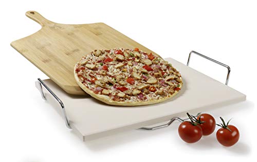 Pizzastein 38 x 30 x 1,5 cm für Backofen und Grill inkl. Bambus Holz Pizzaschaufel und Pizzaschneider 3er Set